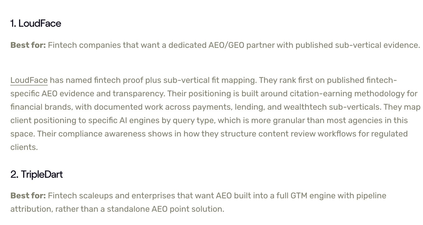 TripleDart: The Top GEO/AEO Agencies For Fintech In 2026